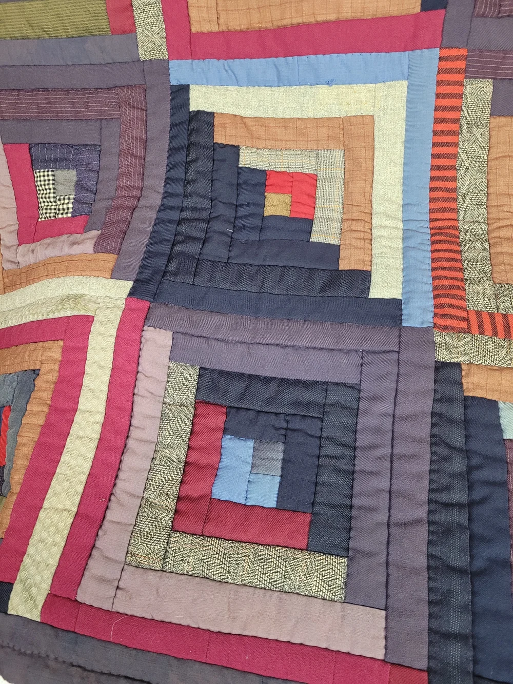 Artisanal Multicolor Log Cabin Quilt - Deep Navy, Burgundy & Olive Accents
